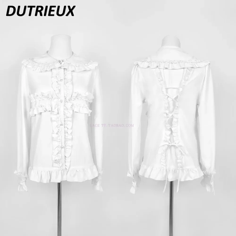 Japanese Mine Sweet Harajuku Style Lacework Big Lapel Long Sleeve Shirt Spring and Autumn New Cute Girl Color Matching Top