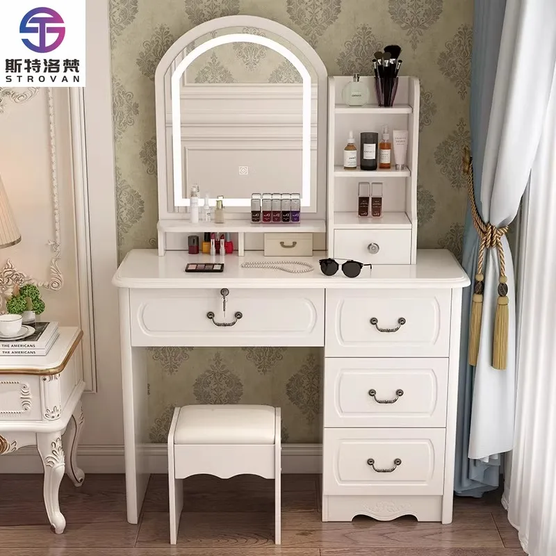 Exquisite Vintage - Inspired White Led - Framed Arched Mirror Vanity Setup Dressing Table