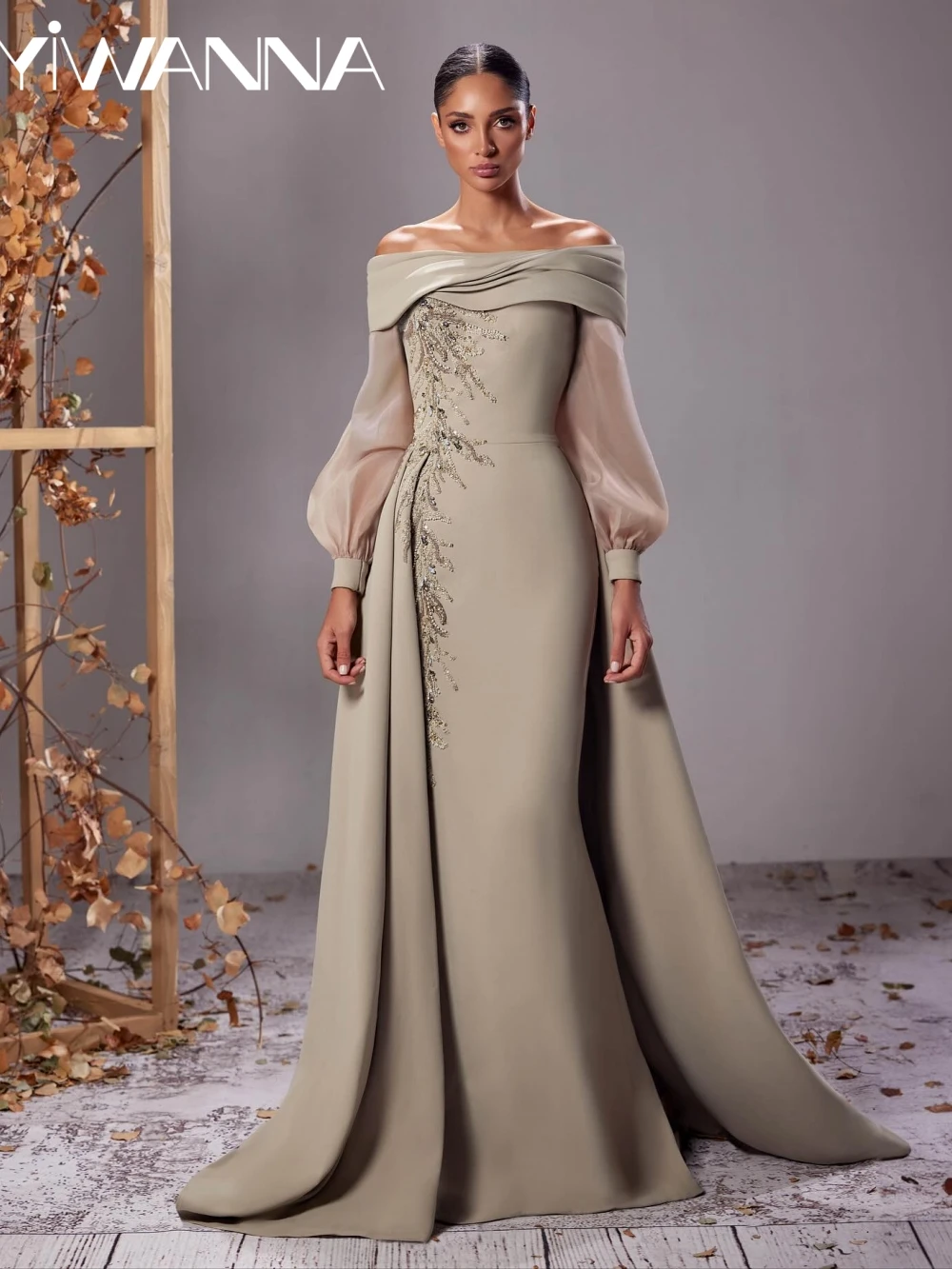 

Detachable Train Beaded Satin Long Mother Of The Bride Dresses Elegant Off Shoulder Evening Dress Customized Boat Neck Gown