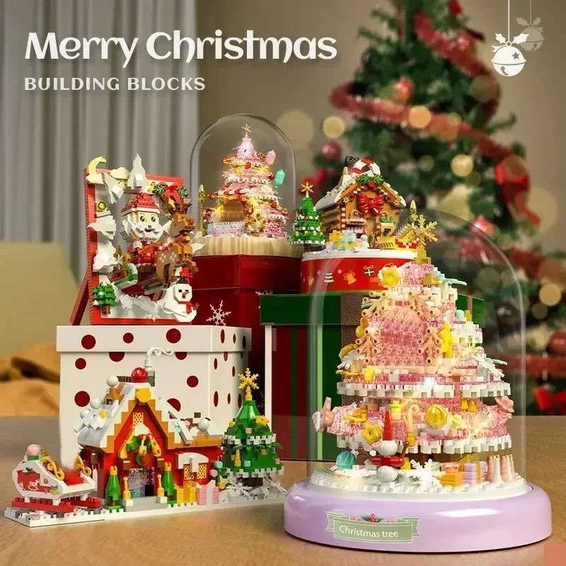 Décennie s de construction de la série de Noël pour enfants, arbre de Noël rose, maison de neige, briques d'assemblage, jouets de décoration de bureau, cadeaux de vacances