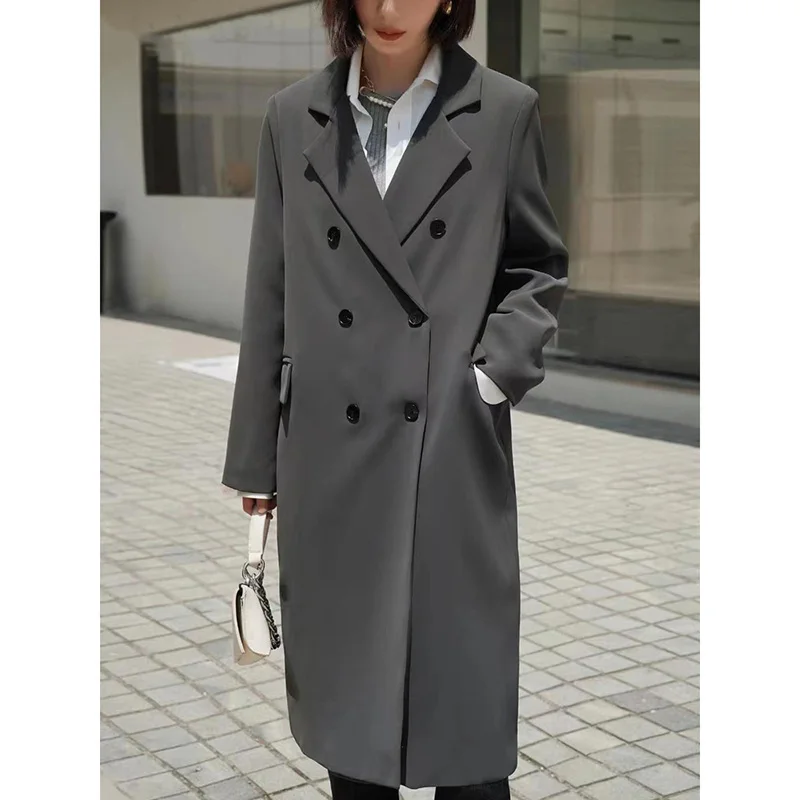 Zoki Women Elegant Long Blazer Jacket Autumn Fashion Korean Solid Casual Double Breasted Coats Office Lady All Match Outwear