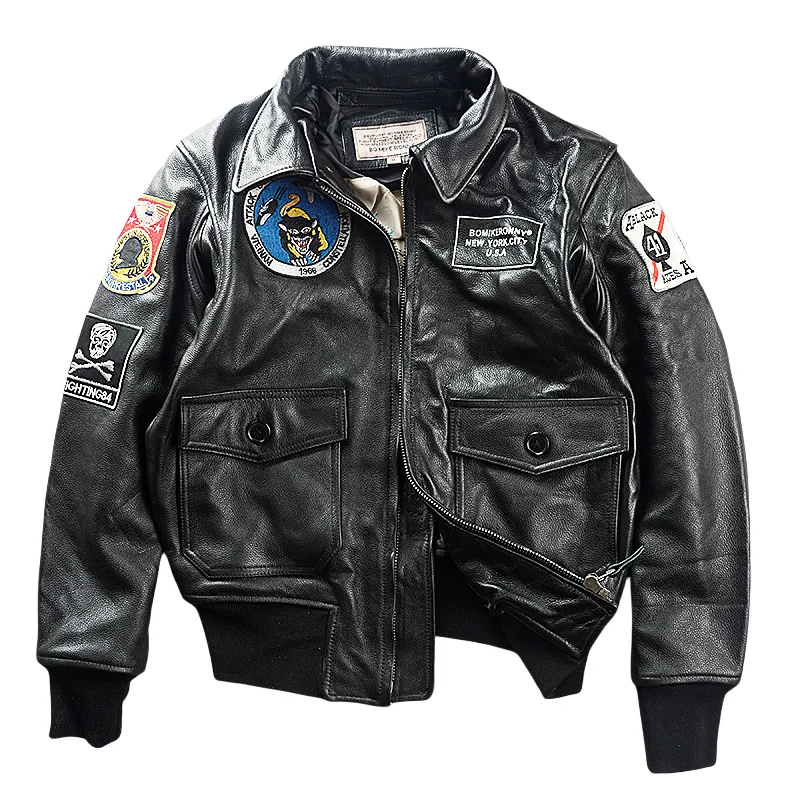 

Black Autumn Pilot Leather Jacket Men Military Style Plus Size 5XL Genuine Natural Cowhide A2 Flight Leather Coat