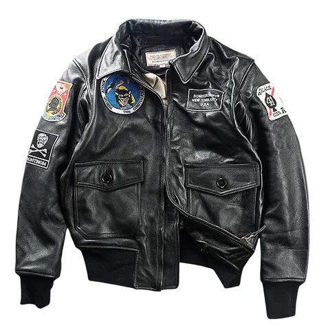 Black Autumn Pilot Leather Jacket Men Military Style Plus Size 5XL Genuine Natural Cowhide A2 Flight Leather Coat