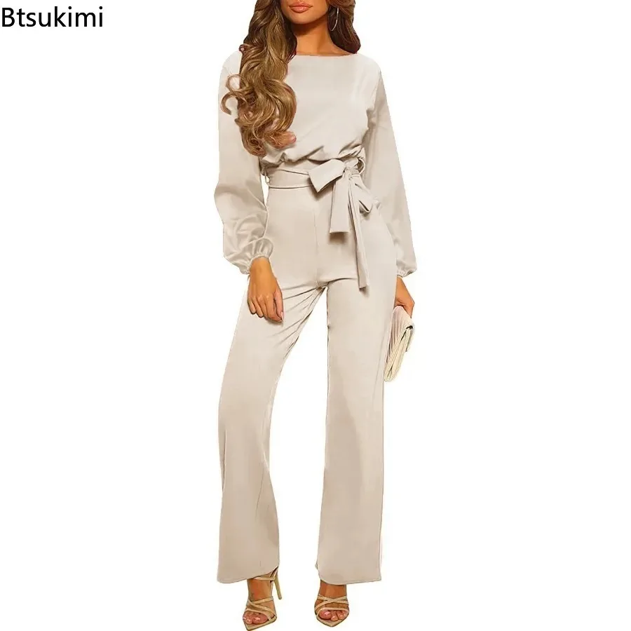 2024 Women's Office Ladies Round Neck Women Jumpsuit High Waist One Piece Loose Overalls Slim Fit Rompers Belt Wide Leg Pants