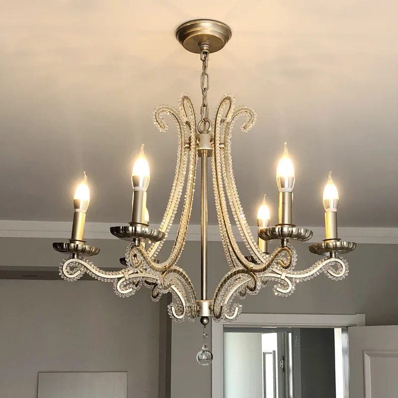 

French Living Room Brushed Silver Led Chandelier American Retro Crystal E14 Pendant Lightings Bar Droplight Home Decor Lamparas