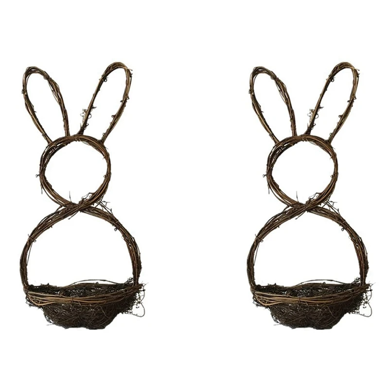 

2X Easter Cute Bunny Shape Wreath Handmade Rattan Rabbit Garland Holiday Home Door Window Hanging Ornament