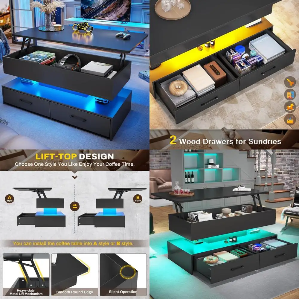 طاولة قهوة قابلة للرفع مع مساحة تخزين، وإضاءة LED، وأدراج لغرفة المعيشة، وحل مساحة صغيرة