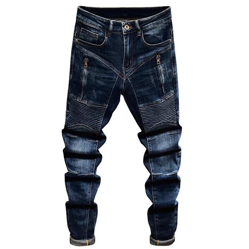 New style jeans with men zipper decoration motorcycle slim fit straight tube trendy high-end elastic casual biker denim pants
