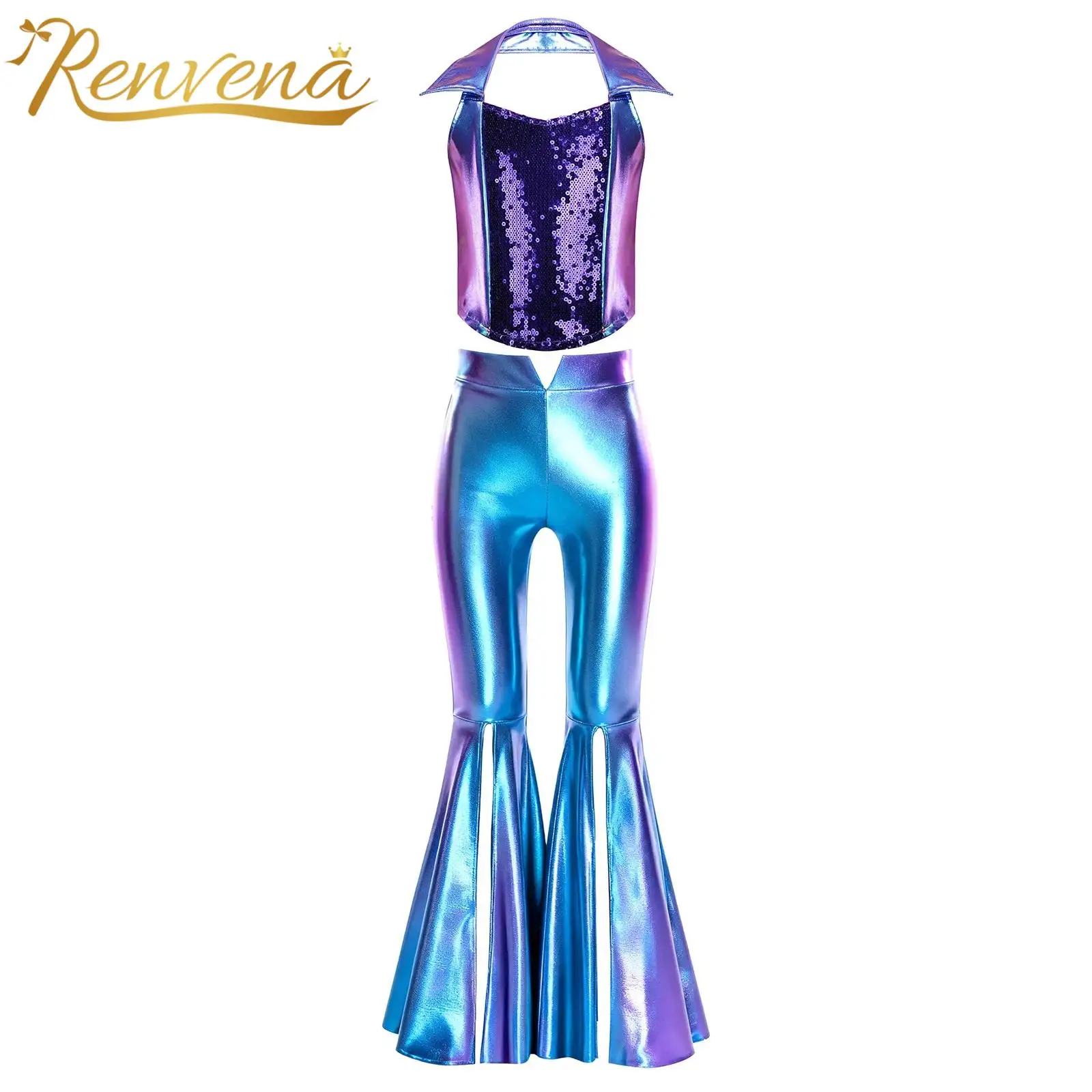 Girls Metallic Shiny Disco Outfit Kids Jazz Dance Hip Hop Stage Performance Costume Sequins Flared Pants Festival Party Suits