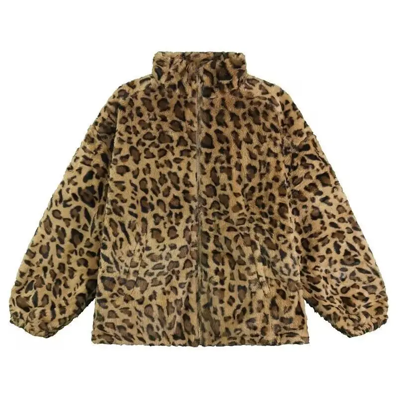 Abrigo corto informal con cremallera y estampado de leopardo para mujer, Otoño e Invierno