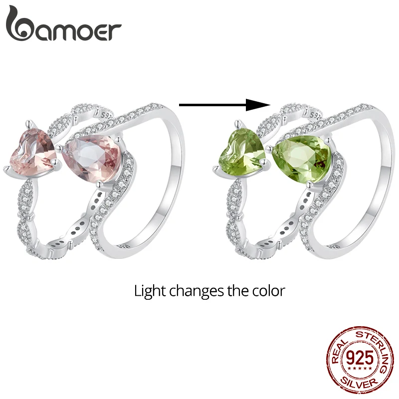 

Bamoer 925 Sterling Silver Color Changeable Heart Stone Finger Ring Trendy Stackable Band for Women Engagement Fine Jewelry Gift