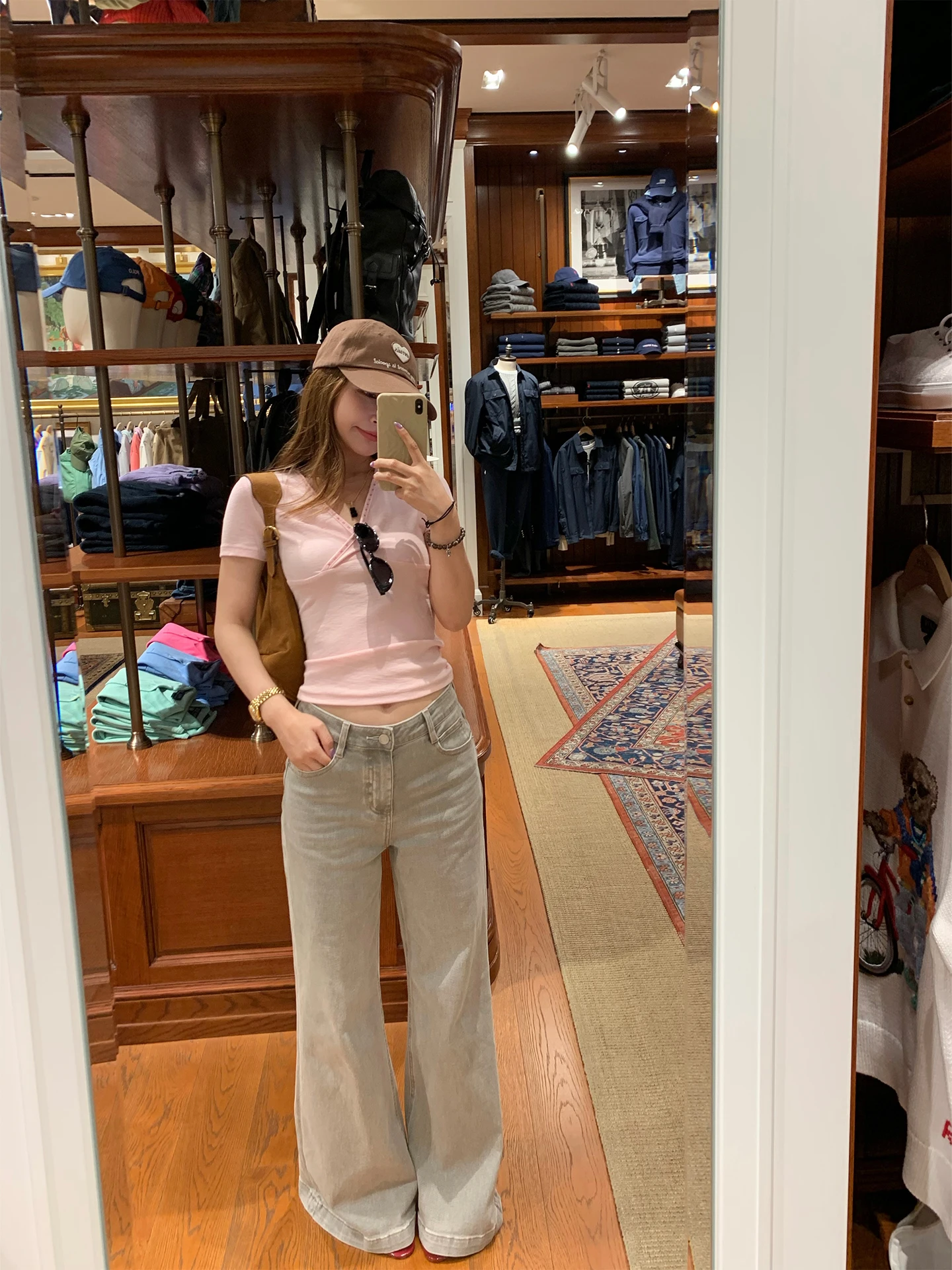 

BLUETIQUE Fashionable Khaki Grey Flared Jeans Effortless Chic Women's Cotton Natural Waist Button Closure Spring Season