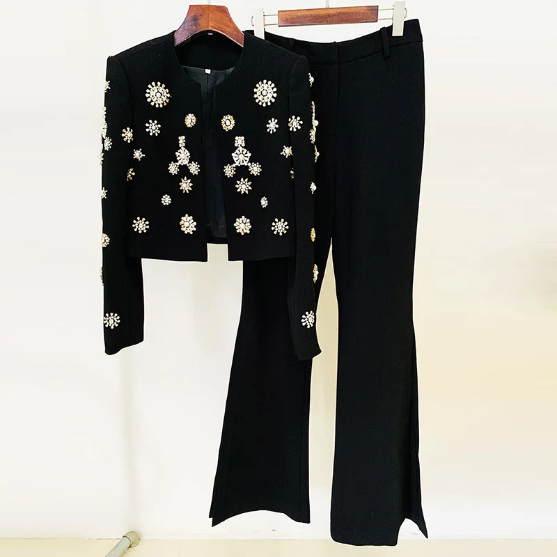 

Snow Beaded Women's Pants Suit Round Neck Short Coat Split Flared Trousers Elegant Black Long Sleeve Jacket New Arrival In Stock