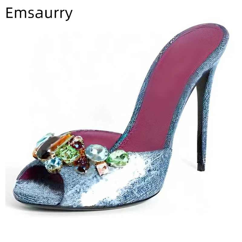 Individual Denim Slingbacks Mules For Girls Summer 10cm Stiletto Heel Colorful Rhinestone Buckle Decor Sandals Women 2024