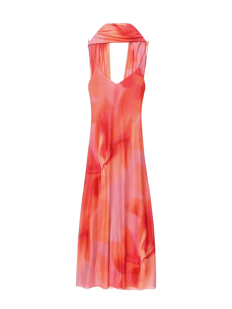 TFMLN Elegant Women Sling Dress With Scarf Holiday Sleeveless Backless Evening Dress Chic Tie-dye Print Summer Vacation Outfit