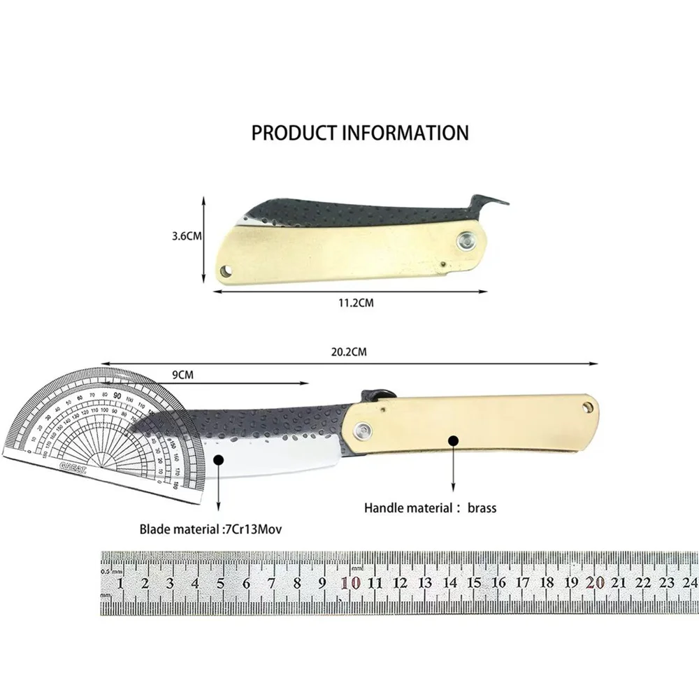 Pisau Lipat Multifungsi, Bilah Baja Tempa 7Cr13Mov, Gagang Kuningan, Pisau Buah, Alat EDC untuk Berkemah dan Memancing di Luar Ruangan