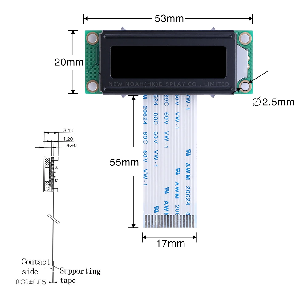 DFSTN black film Ice Blue 1602A-20-2A Character LCD Module Display Screen 1602 LCD FPC75MM Industrial Grade Display Screen