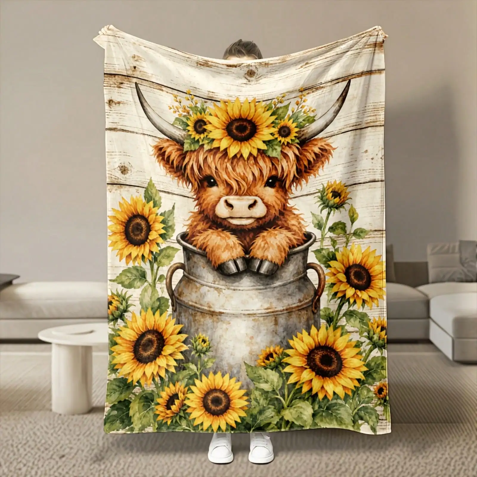 Highland Cow Themed Flannel Blankets & Throws Yak Inside Metal Bucket Surrounded By Sunflowers for Adult Farm Animal Lovers Birthday Christmas Halloween Thanksgiving Anniversary Gift Sofa Bed Nap Throw Blanket for Couch Living Room Bedroom Travel Cam