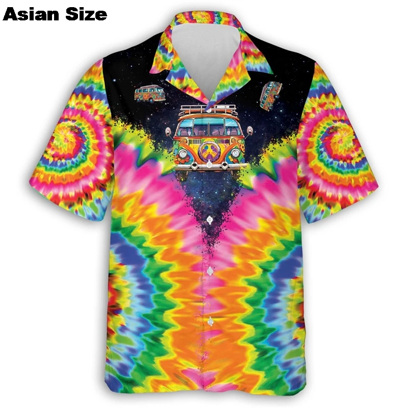 Colorful Hippie Bus Car Men\'s Summer Peace And Love Printed Button Soft Breathable Chest Pocket Casual Hawaiian Shirt Men Tops