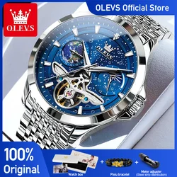 OLEVS Men's Watches Classic Fashion Original Automatic Mechanical Watch for Man Hollow Flywheel Moon Phase Dial Waterproof