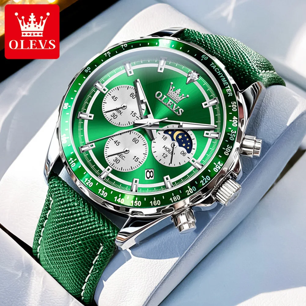 

OLEVS Men's Watches Fashion Sports Green Watch For Men Multifunctional Quartz Wristwatches Men Waterproof Leather reloj hombre