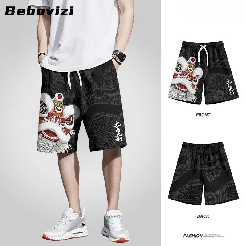 Shorts à séchage rapide avec imprimé danse du lion chinois, motif lion réveillé traditionnel, shorts de plage et de sport pour hommes