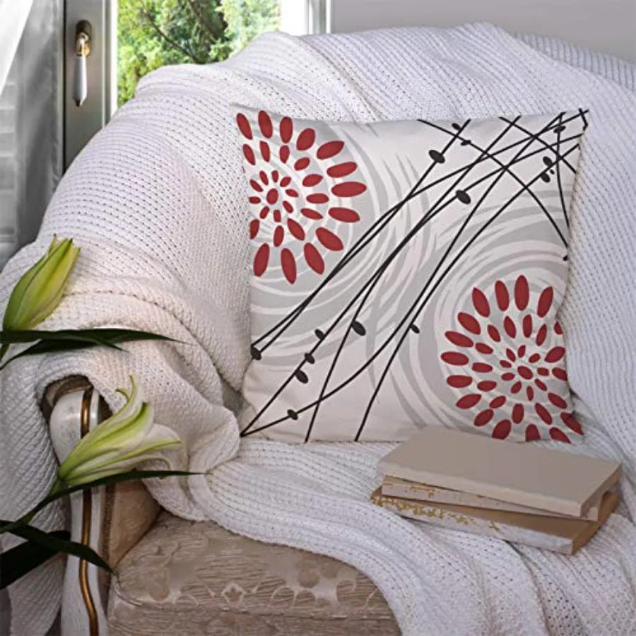 Throw Pillow Covers Black Bold Red Floral Design Gray Grey Home Cotton Linen Decorative Square Pillowcases Cushion Cover 18 X 1
