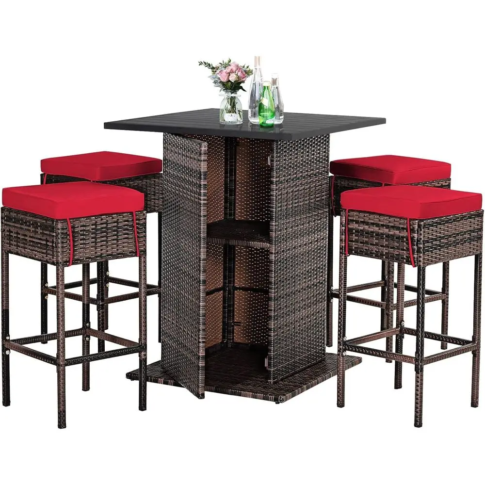 

Red Outdoor Rattan Bar Set with 4 Cushioned Stools and Storage Table for Patio, Poolside, or Backyard