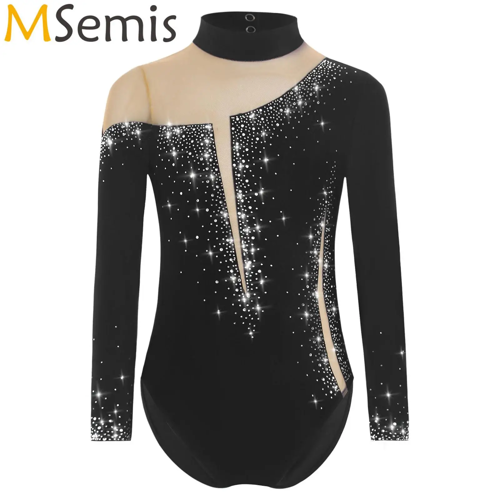 Kids Girls Sparkly Rhinestone Ballet Jersey Rhythmic Gymnastics Artistic Figure Skating Costume Press Buttons Leotard Bodysuit