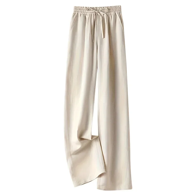 بنطلون صيفي جديد فضفاض وواسع الساق بلون سادة من القطن والكتان مع خصر مطاطي ورباط للسيدات