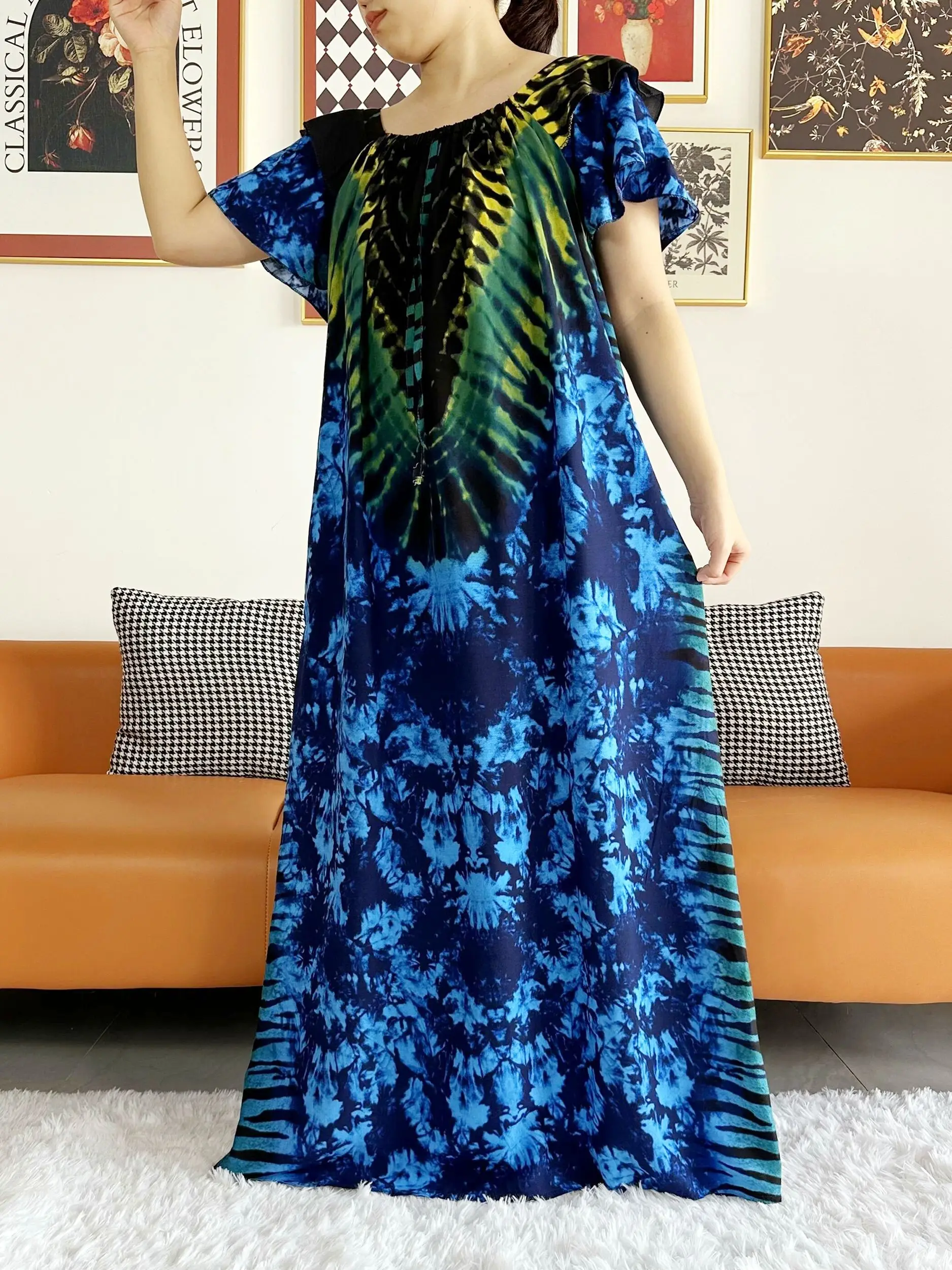 Robe Africaine à Manches Courtes pour Femme, Vêtement Maxi à Col Bateau, Boubou Floral, Taille Libre, Été