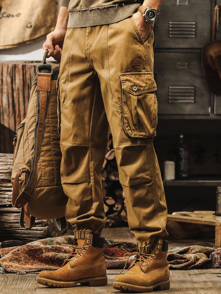 

Хлопковые рабочие брюки в американском стиле ретро, мужские осенние новые уличные свободные прямые повседневные брюки с эластичной резинкой на талии, брюки-карго