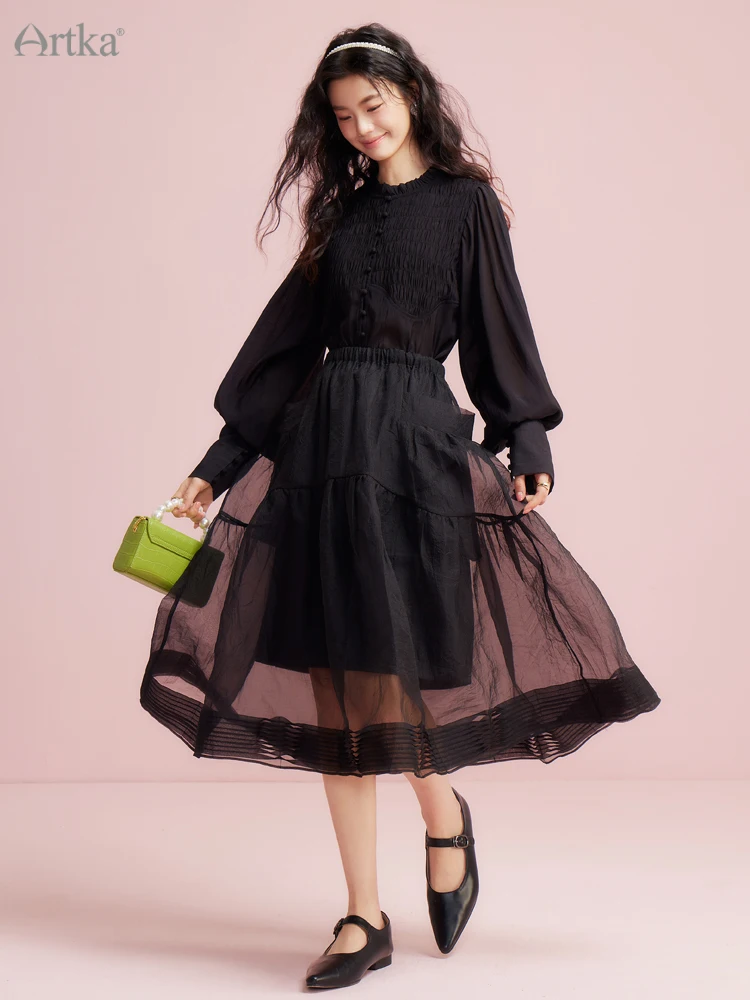 ARTKA 2023 Spring New Women Blouse French Elegant Ruffled O-Neck Loose Shirts Lantern Sleeve Black Shirt Female SA92032C