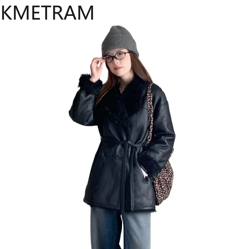 KMETRAM Real Sheepskin with Wool Attached Jacket Women Black Reversible Fur Coat 2025 New in Coats Winter Woman Clothing шуба