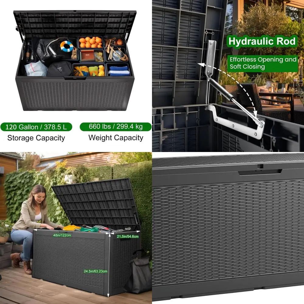 

120-галонная устойчивая к атмосферным воздействиям запираемая коробка для хранения подушек для патио, мебели и садовых инструментов черного цвета