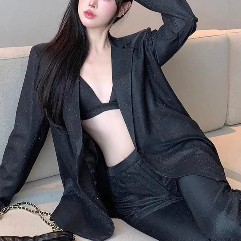 Sexy Shawl Collar Sequined Blazer 2 Piece Sets Women Outfit Fashion Casual High Waist Pant Sets Loose Solid Top Three-piece Suit