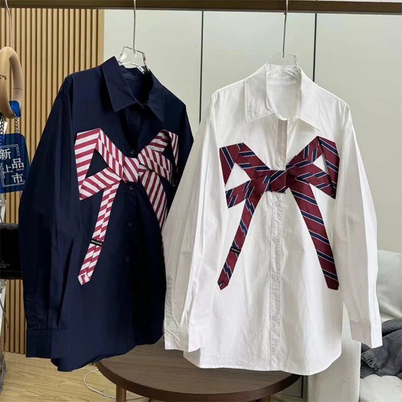 2024 Autumn Blusas Mujer De Moda Shirt for Women Long Sleeve White Loose Casual Shirts Contrast Color Bow Sweet Fashion Blouses