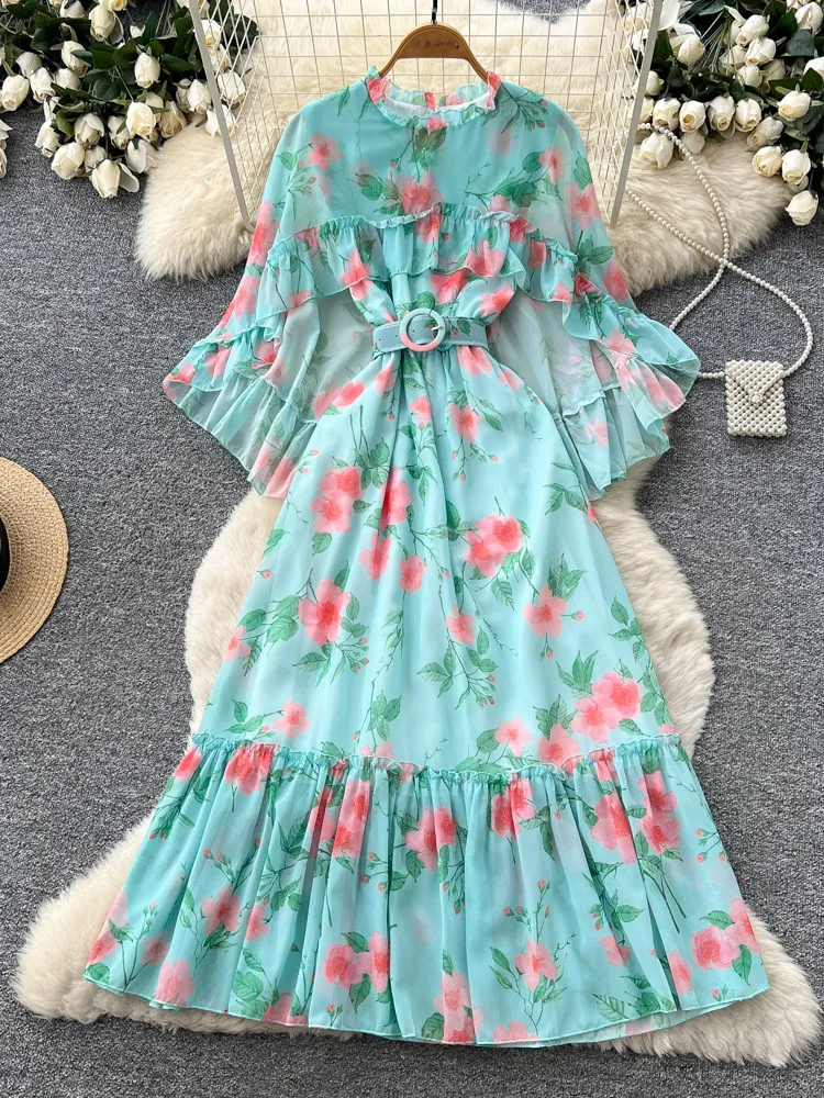 

Romantic Women Cape Dress Elegant Floral Print Ruffled Details Fungus Waist Bandage Summer Beach Female Maxi Dress DS489