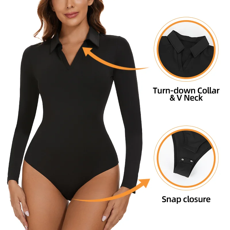 Women Sexy Long Sleeve Bodysuit Turn-down Collar V Neck Shapewear Tummy Control Butt Lift Shirt  Seamless Compression