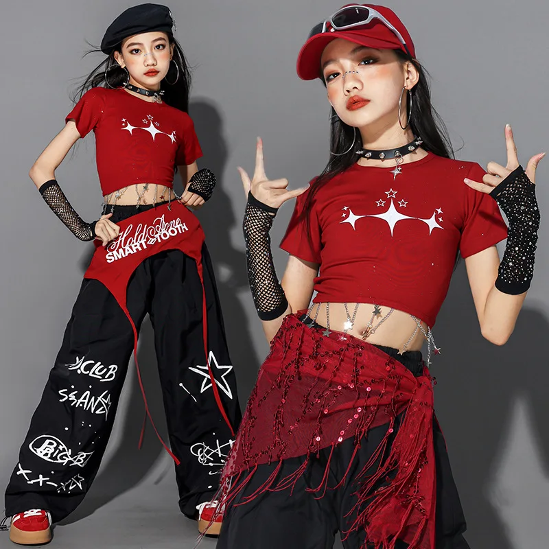 Nuove ragazze Hip Hop Street Dance Costume Rosso Crop Top Pantaloni larghi Performance Abiti da ballo moderni Set Gruppo Jazz Stage Outfit