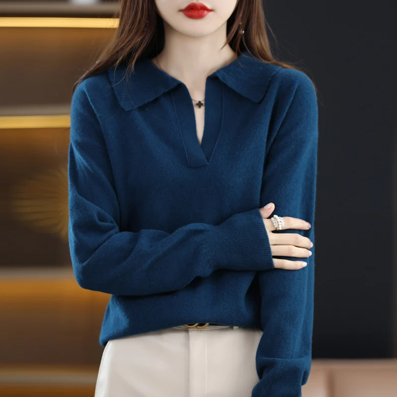 Women 100% Merino Wool Soft Sweater Polo Collar Pullover Casual Knit Sweater Autumn Winter Warm Solid Color Long Sleeve Tops