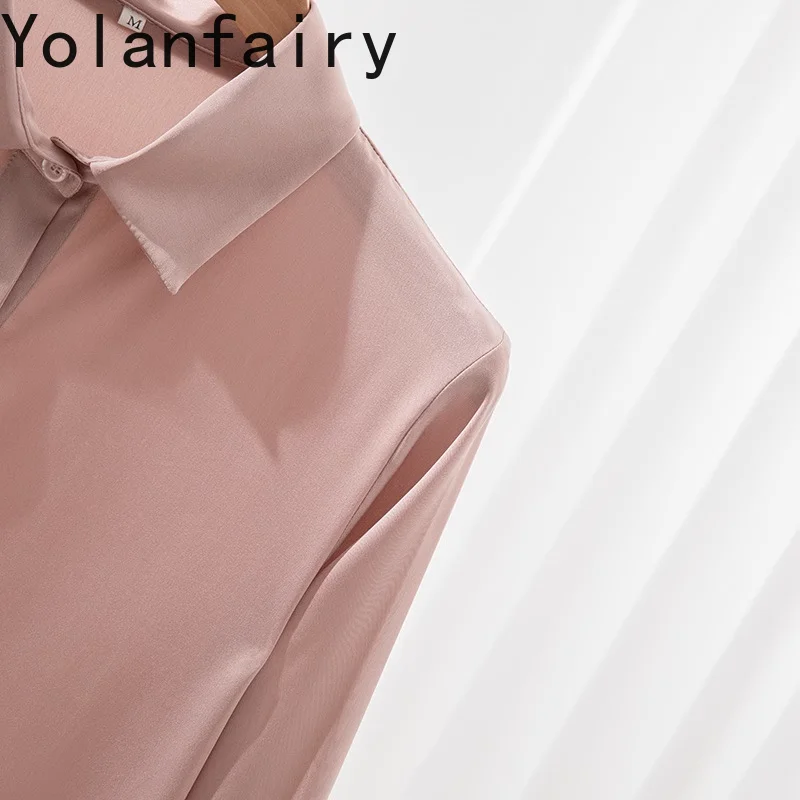 YOLANFAIRY 93% Mulberry Silk 7% Spandex Women Shirts Elegant Office Wear Woman Long Sleeve Top Shirt Korean Fashion Shirts Dames