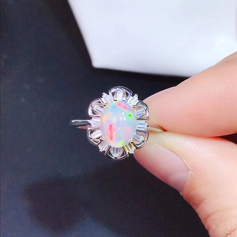 

Natural opal woman rings change fire color mysterious 925 silver adjustable size 7x9mm