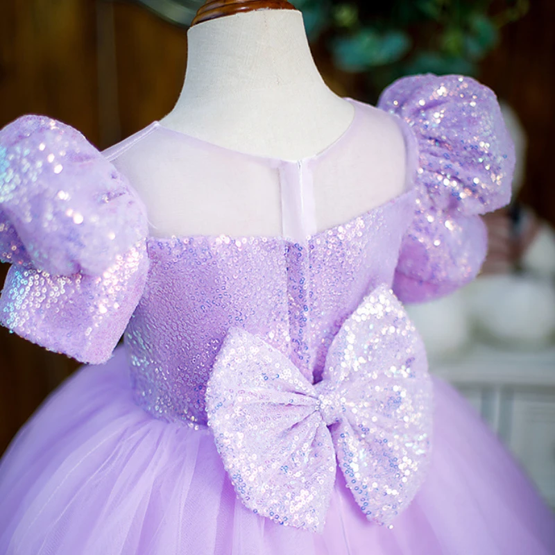 Elegant เลื่อมเด็กวันเกิดชุด O-Neck Bow Ball Gown ดอกไม้สาวชุด 2024 พัฟชุดเจ้าหญิงสาว