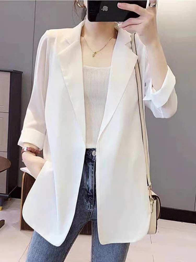 Spring Summer Chiffon Small Suit Jacket Loose Sunscreen Mid-length Suit Women's Cardigan Casual Top  Blazer Women Coat Tops