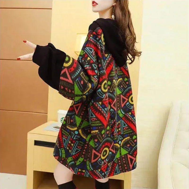 Spring Autumn Women\'s Sweatshirt Korean Loose Medium And Long Patchwork Print Hoodies Thin Long Sleeves Tops Female