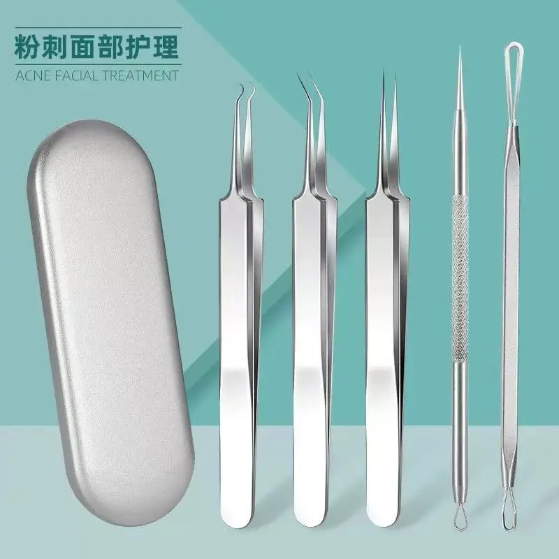 Pinzette per punti neri in acciaio inossidabile Set di strumenti Clip per acne Clip per cellule Ago per acne Ago per spremere l'acne Strumento per la cura della pelle del viso