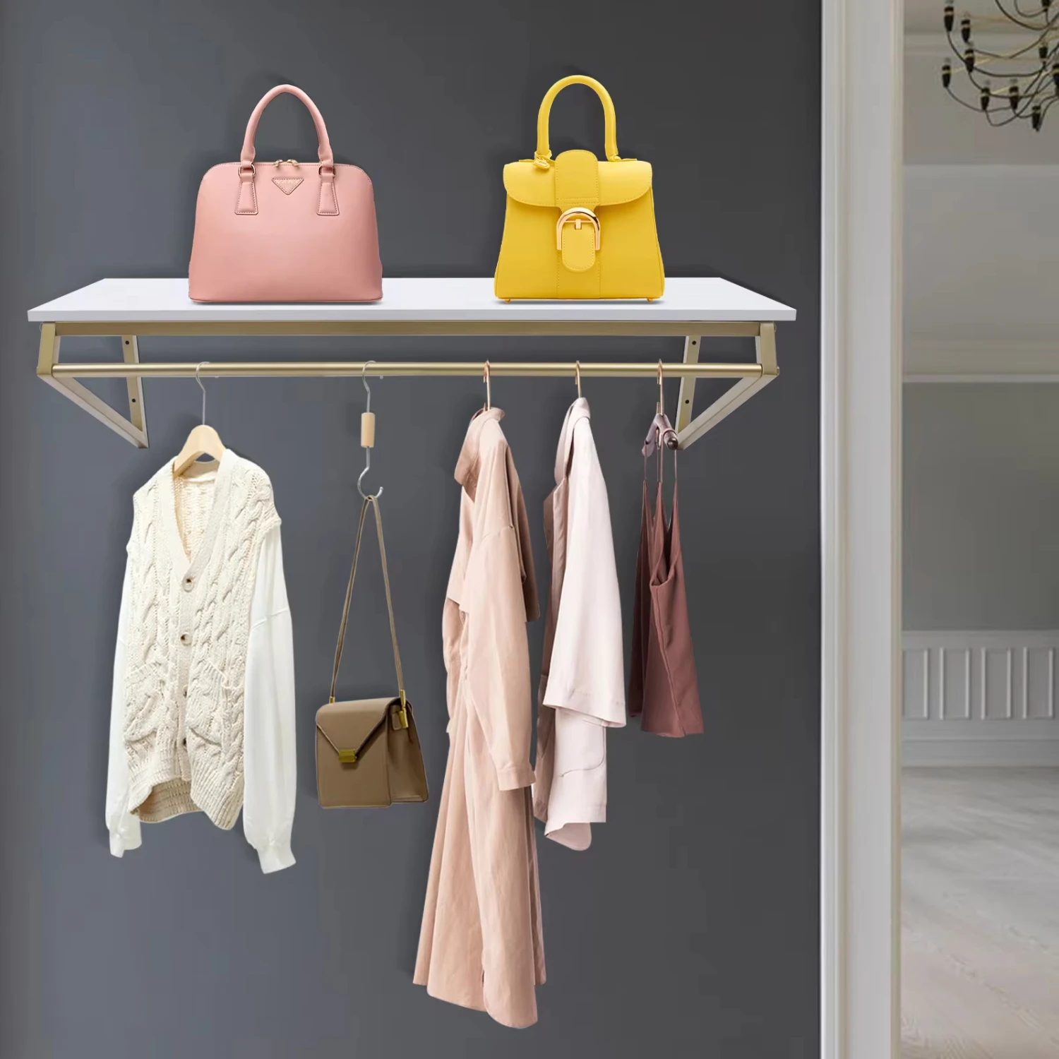 

Clothes Rack with Top Shelf Wall Mounted Space-Saving Display Hanging Clothes Rack Multi-Purpose Hanging Rod Closet