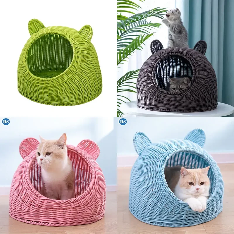 Handwoven PP Rattan Cat Bed Durable Scratch Resistant Open Design Pet House for Cats Dogs Indoor Outdoor Use All Season