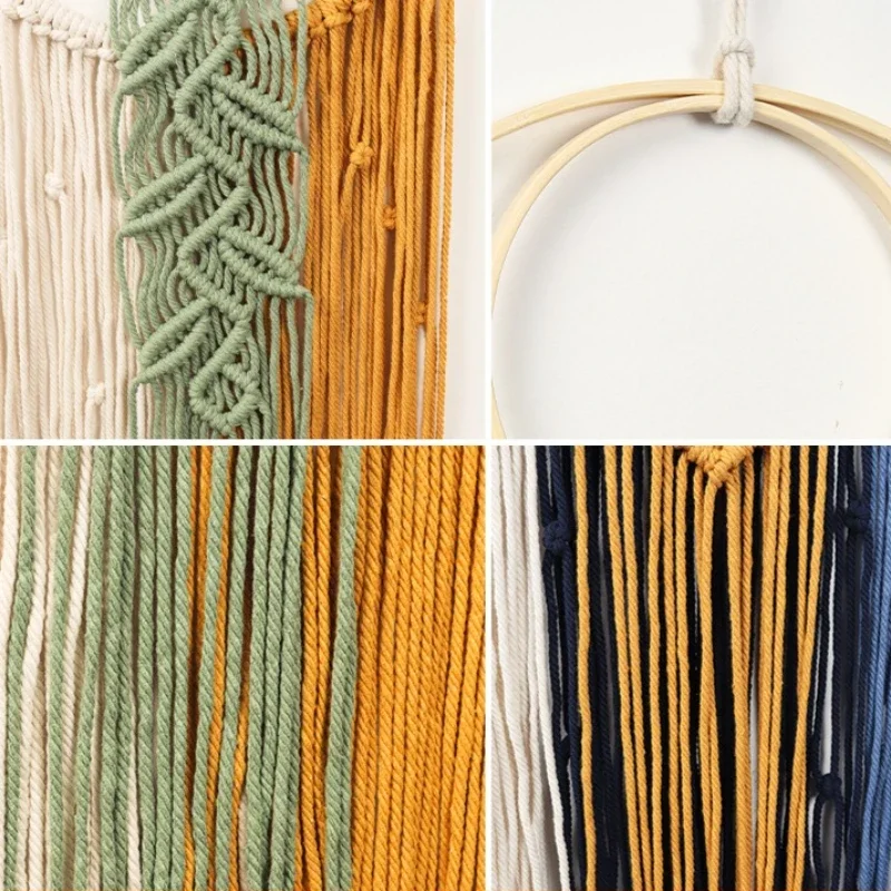 Cotton Macrame Wall Decor Double Circular Ring Foliage Woven Tapestry Living Room Handcrafted Art Pendant Contrast Color Design
